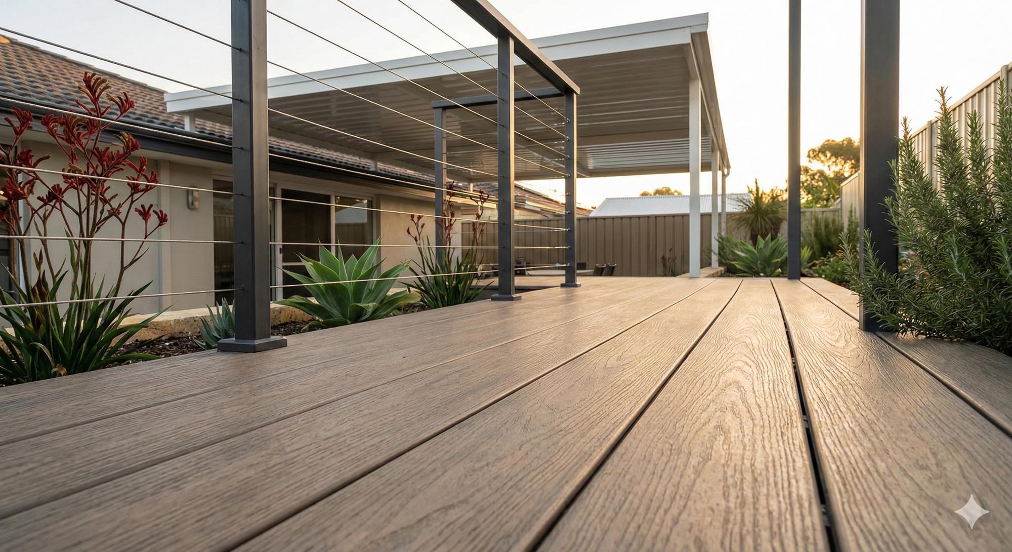 Composite decking with patio at golden hour