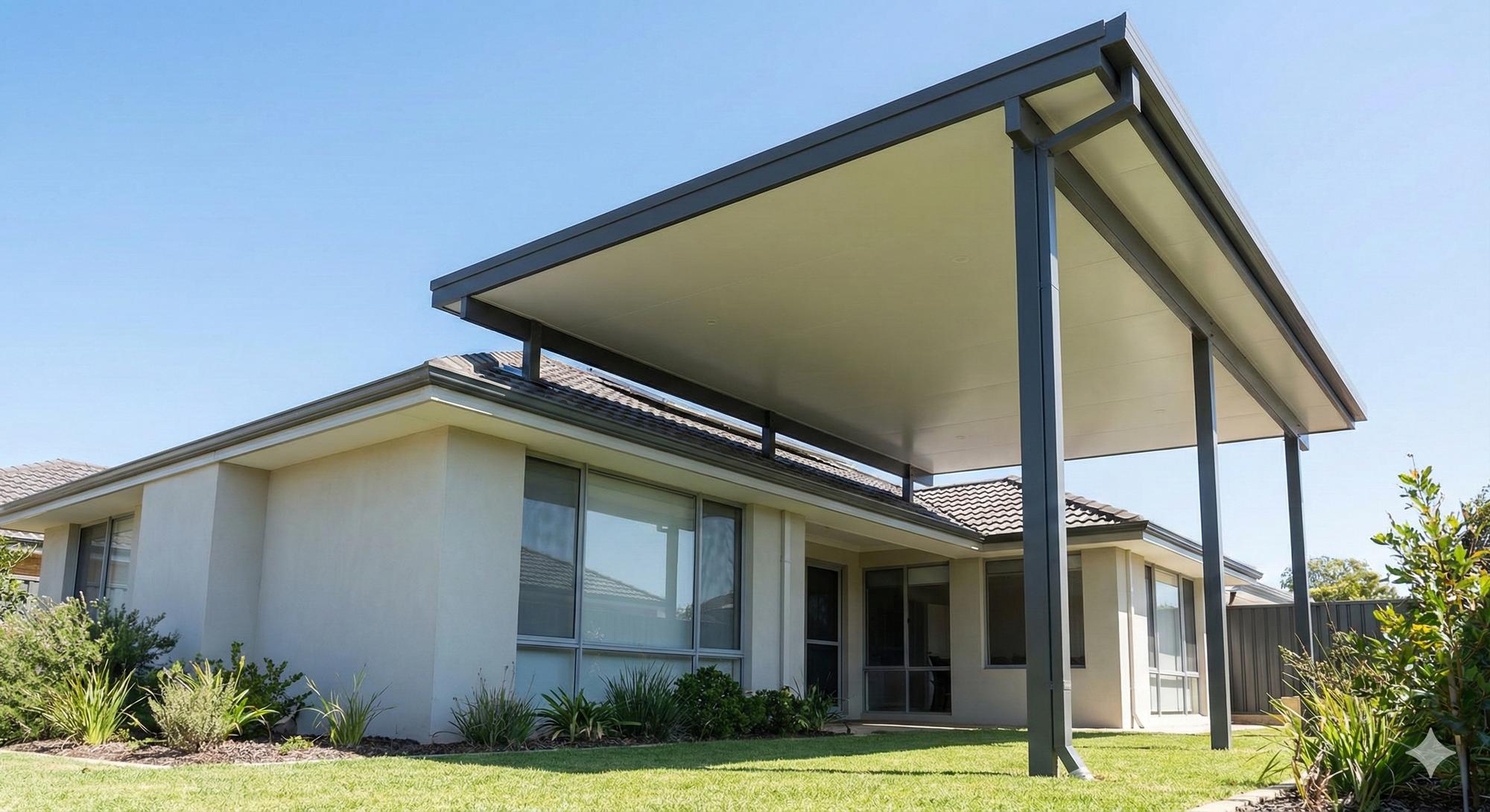 Flyover patio exterior showing elevated roofline in Clarkson