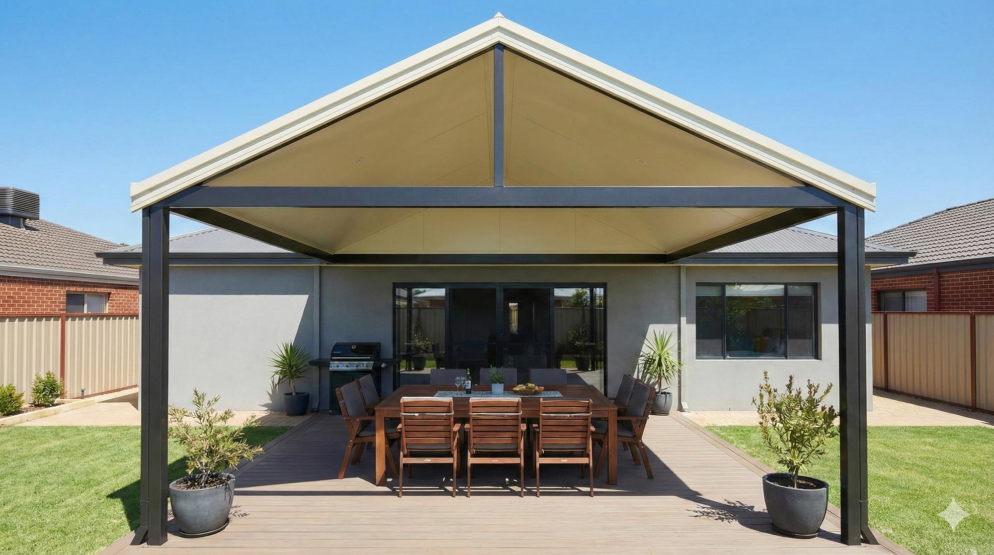 Gable patio with peaked roof over entertaining area