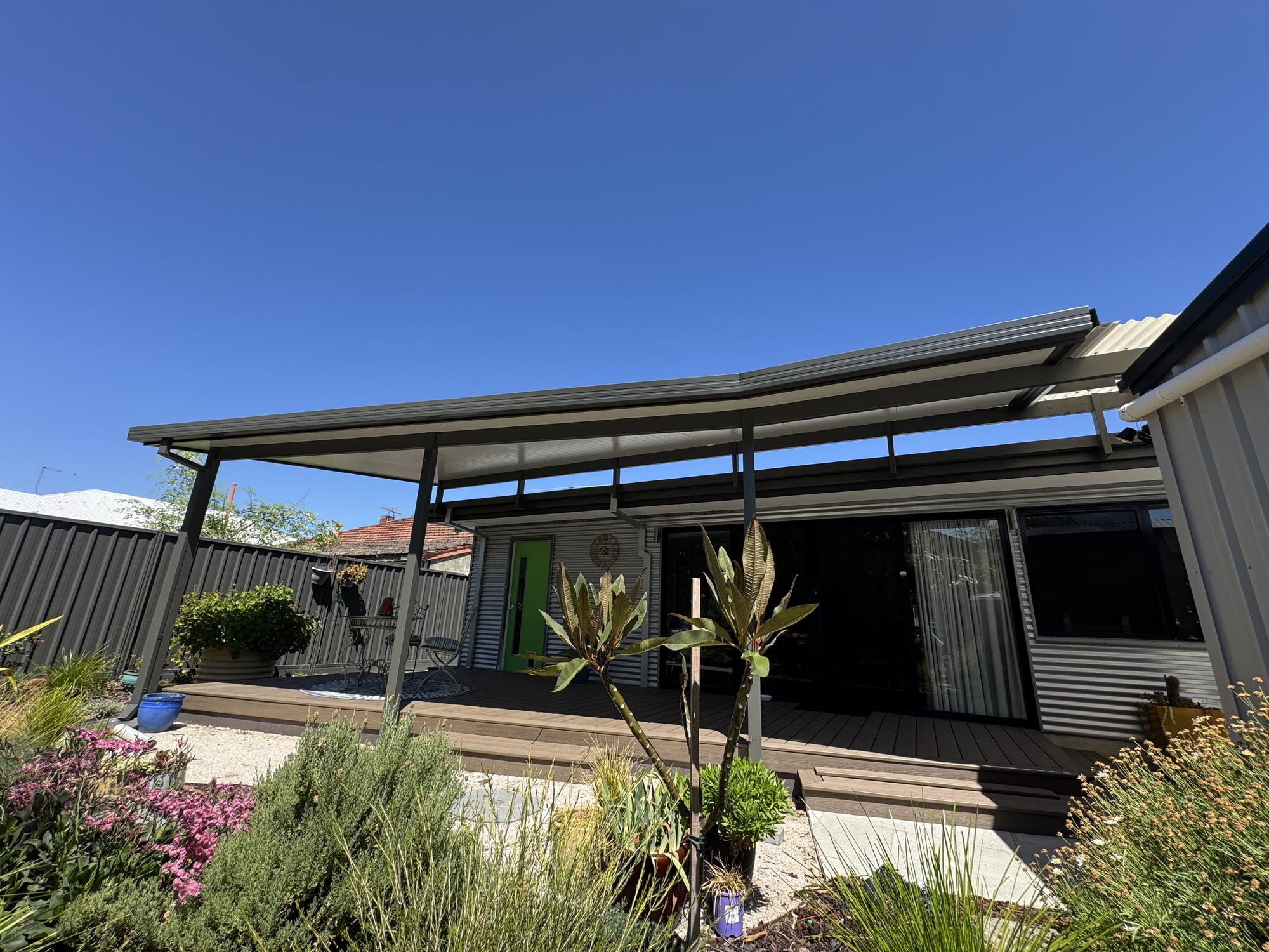 Insulated SolarSpan patio with flat ceiling finish in Perth garden